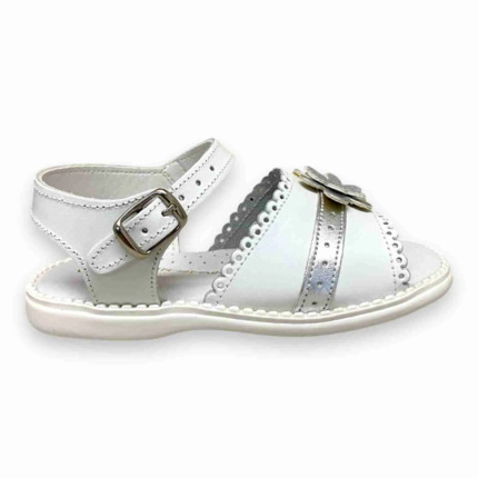 Sandalias Niña Blanca Piel Flor Plata